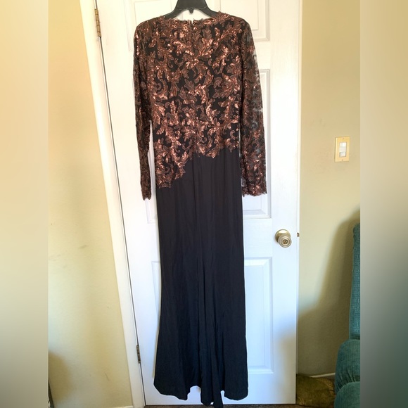 New Years Party Long Dress. Copper & Black Sequin Bodice Sheer Lace Sleeves.NWT